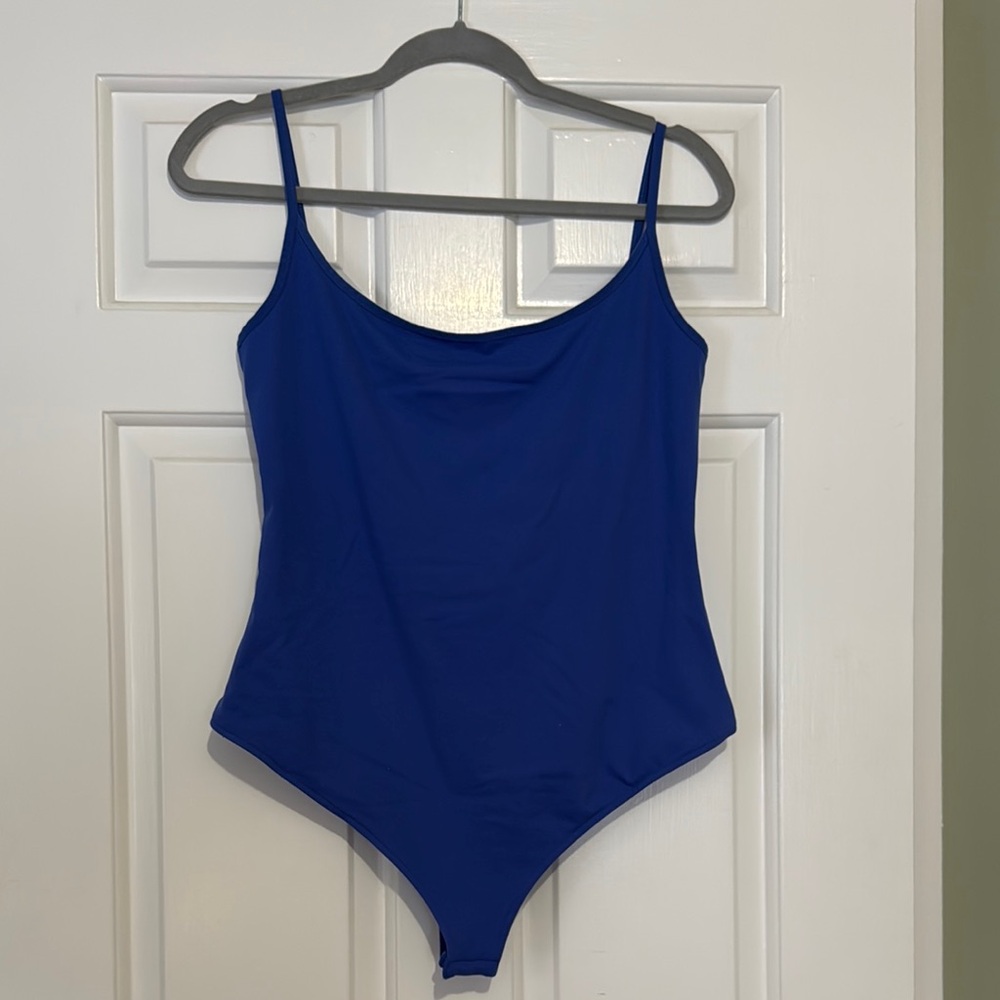 Free People Criss Cross Back Spaghetti Strap Blue Bodysuit